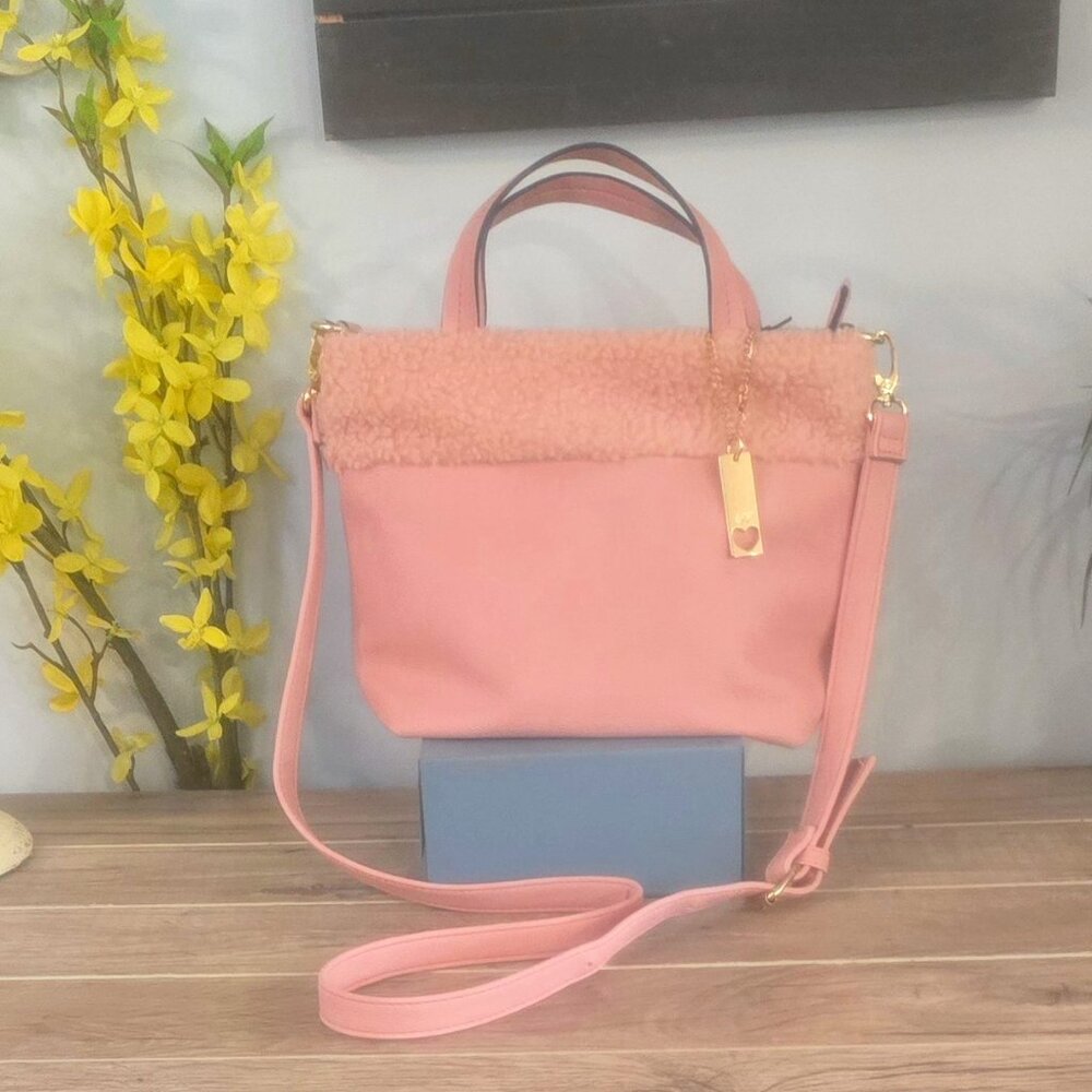 816 Nanette Lepore Purse Cross Body Faux Pink Suede Bag w Top Handle Middle Zip